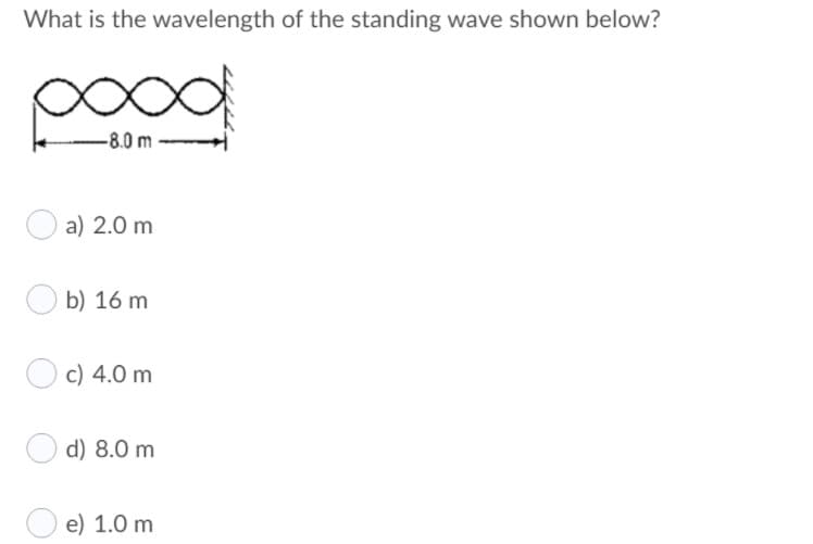 What is the wavelength of the standing wave shown below?
-8.0 m-
a) 2.0 m
b) 16 m
c) 4.0 m
d) 8.0 m
e) 1.0 m
