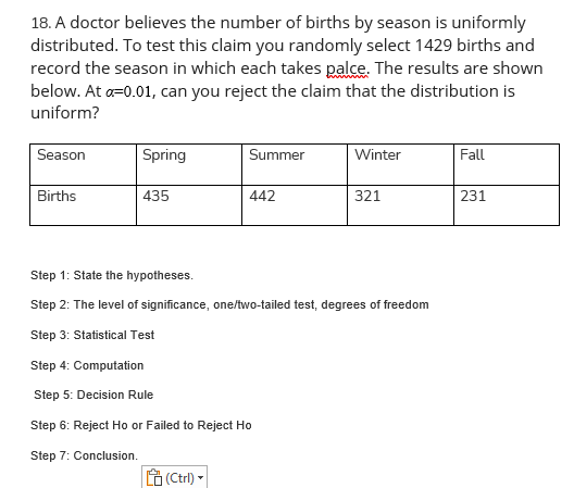18. A doctor believes the number of births by season is uniformly
distributed. To test this claim you randomly select 1429 births and
record the season in which each takes palce. The results are shown
below. At a=0.01, can you reject the claim that the distribution is
uniform?
Season
Spring
Summer
Winter
Fall
Births
435
442
321
231
Step 1: State the hypotheses.
Step 2: The level of significance, one/two-tailed test, degrees of freedom
Step 3: Statistical Test
Step 4: Computation
Step 5: Decision Rule
Step 6: Reject Ho or Failed to Reject Ho
Step 7: Conclusion.
(Ctrl)