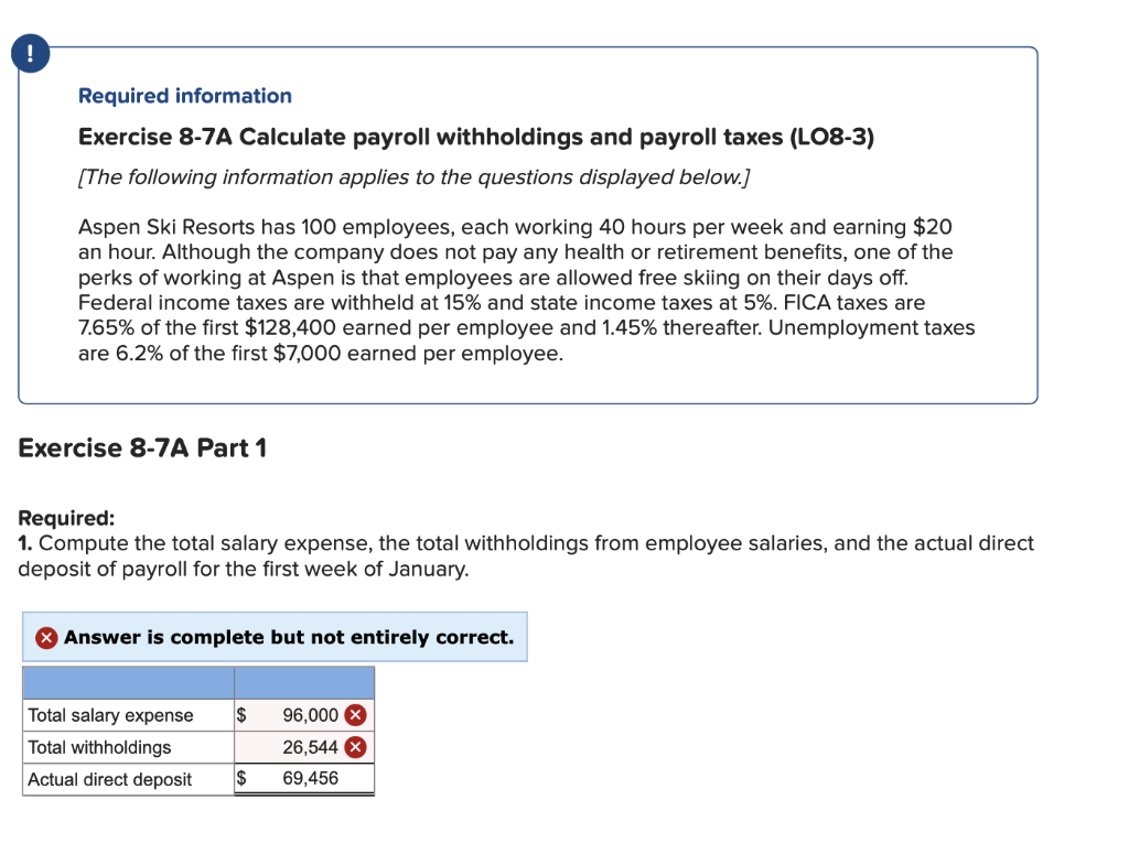 Required information
Exercise 8-7A Calculate payroll withholdings and payroll taxes (LO8-3)
[The following information applies to the questions displayed below.]
Aspen Ski Resorts has 100 employees, each working 40 hours per week and earning $20
an hour. Although the company does not pay any health or retirement benefits, one of the
perks of working at Aspen is that employees are allowed free skiing on their days off.
Federal income taxes are withheld at 15% and state income taxes at 5%. FICA taxes are
7.65% of the first $128,400 earned per employee and 1.45% thereafter. Unemployment taxes
are 6.2% of the first $7,000 earned per employee.
Exercise 8-7A Part 1
Required:
1. Compute the total salary expense, the total withholdings from employee salaries, and the actual direct
deposit of payroll for the first week of January.
Answer is complete but not entirely correct.
Total salary expense
Total withholdings
Actual direct deposit
$
$
96,000 X
26,544 X
69,456