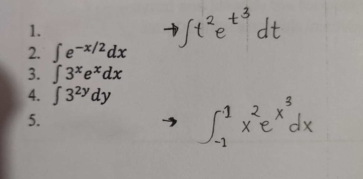 →/t°etdt
1.
2. Se-x/2dx
3. 3*e*dx
4. S 3?Ydy
-1 2 X
xe^dx
->
-1
5.
