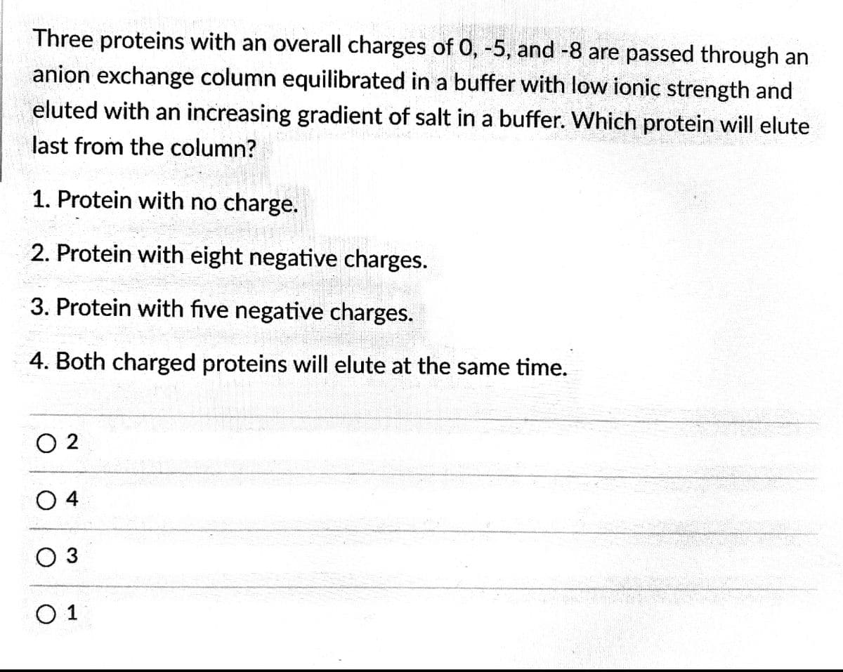 Three proteins with an overall charges of 0, -5, and -8 are passed through an
anion exchange column equilibrated in a buffer with low ionic strength and
eluted with an increasing gradient of salt in a buffer. Which protein will elute
last from the column?
1. Protein with no charge.
2. Protein with eight negative charges.
3. Protein with five negative charges.
4. Both charged proteins will elute at the same time.
O 2
O 4
O 3
O 1
