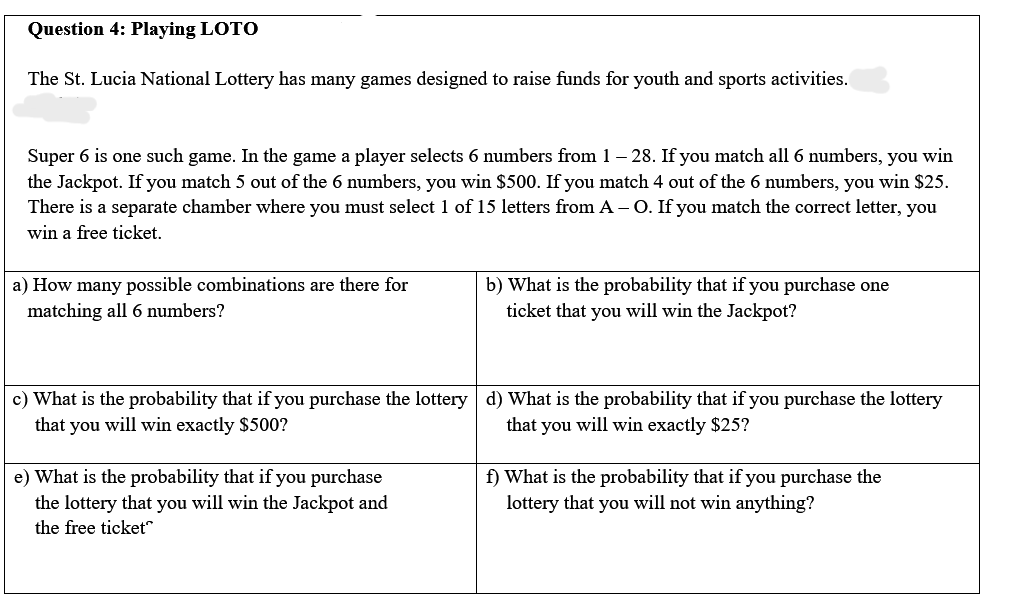 Question 4: Playing LOTO
The St. Lucia National Lottery has many games designed to raise funds for youth and sports activities.
Super 6 is one such game. In the game a player selects 6 numbers from 1 – 28. If you match all 6 numbers, you win
the Jackpot. If you match 5 out of the 6 numbers, you win $500. If you match 4 out of the 6 numbers, you win $25.
There is a separate chamber where you must select 1 of 15 letters from A - O. If you match the correct letter, you
win a free ticket.
b) What is the probability that if you purchase one
ticket that you will win the Jackpot?
a) How many possible combinations are there for
matching all 6 numbers?
c) What is the probability that if you purchase the lottery d) What is the probability that if you purchase the lottery
that you will win exactly $500?
that you will win exactly $25?
e) What is the probability that if you purchase
the lottery that you will win the Jackpot and
the free ticket"
f) What is the probability that if you purchase the
lottery that you will not win anything?
