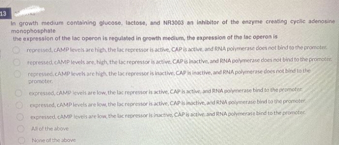 13
In growth medium containing glucose, lactose, and NR3003 an inhibitor of the enzyme creating cyclic adenosine
monophosphate
the expression of the lac operon is regulated in growth medium, the expression of the lac operon is
repressed, CAMP levels are high, the lac repressor is active, CAP is active, and RNA polymerase does not bind to the promoter.
repressed, cAMP levels are, high, the lac repressor is active, CAP is inactive, and RNA polymerase does not bind to the promoter.
repressed. CAMP levels are high, the lac repressor is inactive, CAP is inactive, and RNA polymerase does not bind to the
promoter.
00
expressed, cAMP levels are low, the lac repressor is active, CAP is active, and RNA polymerase bind to the promoter
expressed, CAMP levels are low, the lac repressor is active, CAP is inactive, and RNA polymerase bind to the promoter.
expressed, cAMP levels are low, the lac repressor is inactive, CAP is active, and RNA polymerase bind to the promoter.
All of the above
None of the above