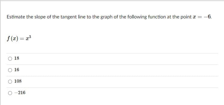 Estimate the slope of the tangent line to the graph of the following function at the point x = -6.
f (x) = x3
18
16
108
-216
