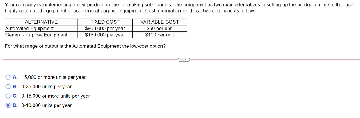 Your company is implementing a new production line for making solar panels. The company has two main alternatives in setting up the production line: either use
highly automated equipment or use general-purpose equipment. Cost information for these two options is as follows:
ALTERNATIVE
FIXED COST
VARIABLE COST
Automated Equipment
General-Purpose Equipment
$900,000 per year
$150,000 per year
$50 per unit
$100 per unit
For what range of output is the Automated Equipment the low-cost option?
O A. 15,000 or more units per year
B. 0-25,000 units per year
C. 0-15,000 or more units per year
D. 0-10,000 units per year
