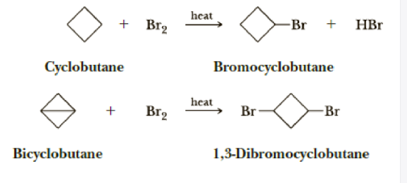 heat
+ Br2
-Br
+
HBr
Cyclobutane
Bromocyclobutane
heat
Br
+
Br2
-Br
Bicyclobutane
1,3-Dibromocyclobutane
