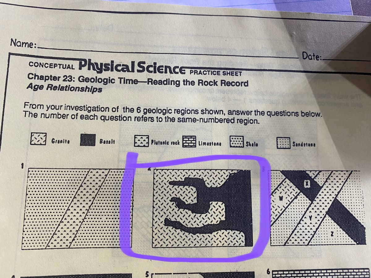 Name:.
Date:
CONCEPTUAL Physical Science
Chapter 23: Geologic Time-Reading the Rock Record
Age Relationships
PRACTICE SHEET
From your investigation of the 6 geologic regions shown, answer the questions below.
The number of each question refers to the same-numbered region.
Basslt
Plutonie rock
Limostone
Shele
Sandstone
Granite
