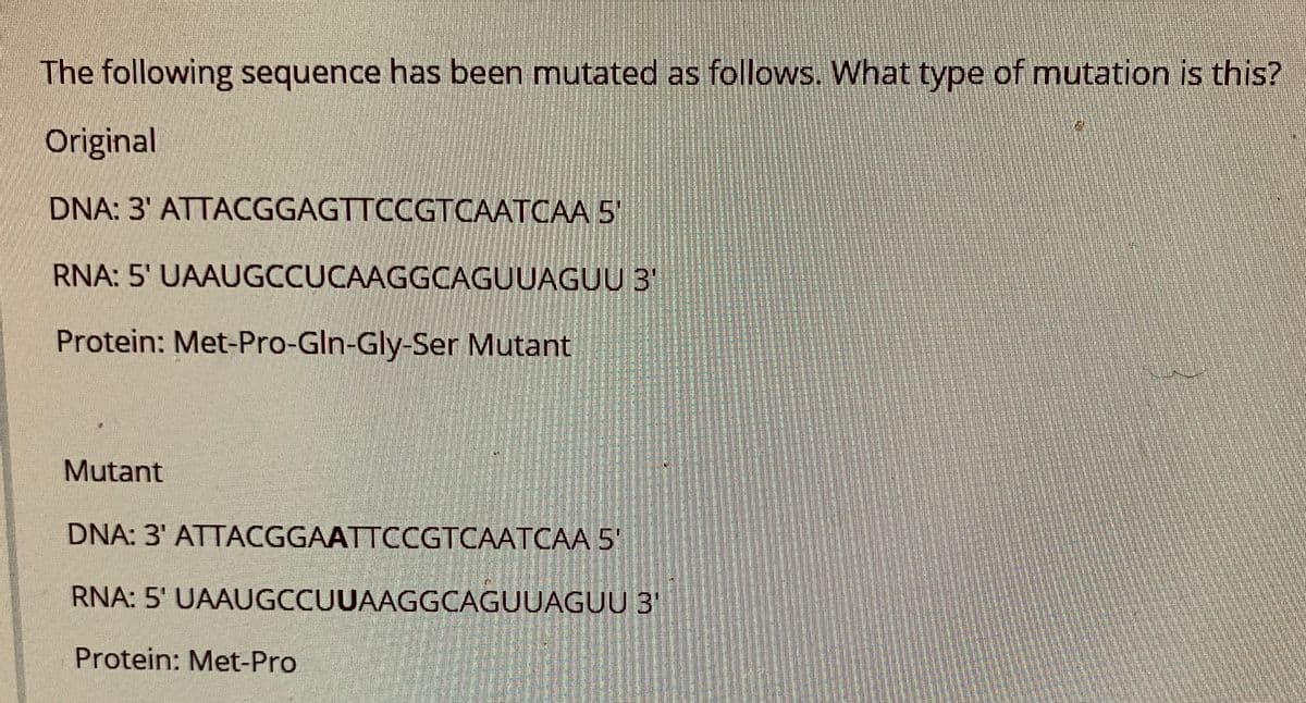 The following sequence has been mutated as follows. What type of mutation is this?
Original
DNA: 3' ATTACGGAGTTCCGTCAATCAA 5
RNA: 5' UAAUGCCUCAAGGCAGUUAGUU 3'
Protein: Met-Pro-Gln-Gly-Ser Mutant
Mutant
DNA: 3' ATTACGGAATTCCGTCAATCAA 5'
RNA: 5' UAAUGCCUUAAGGCAGUUAGUU 3'
Protein: Met-Pro

