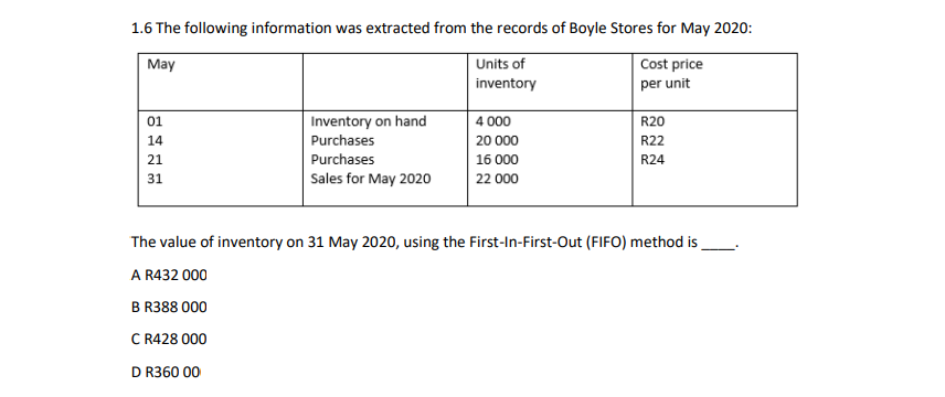 1.6 The following information was extracted from the records of Boyle Stores for May 2020:
May
Units of
Cost price
per unit
inventory
Inventory on hand
4 000
01
R20
14
Purchases
20 000
R22
21
Purchases
16 000
R24
31
Sales for May 2020
22 000
The value of inventory on 31 May 2020, using the First-In-First-Out (FIFO) method is
A R432 000
B R388 000
C R428 000
D R360 00
