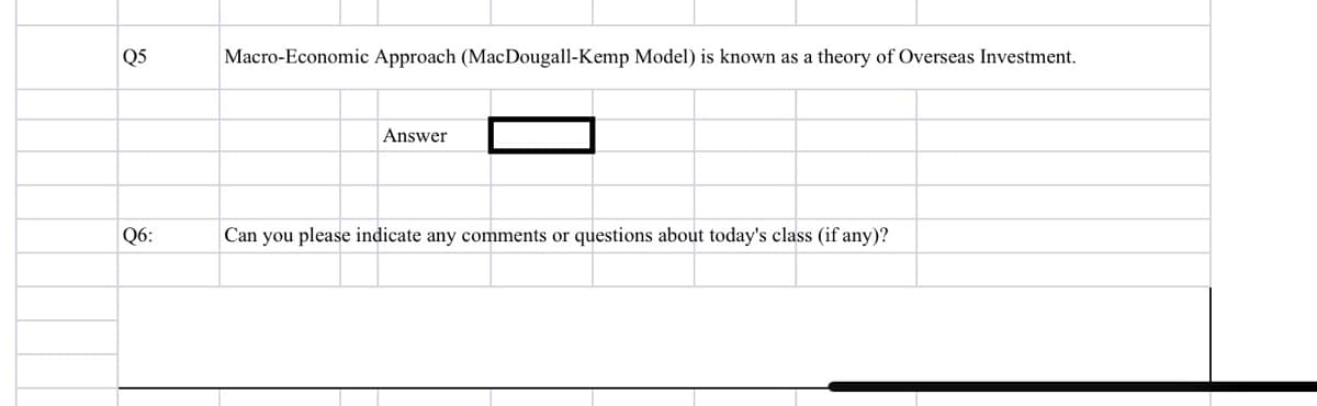 Q5
Q6:
Macro-Economic Approach (MacDougall-Kemp Model) is known as a theory of Overseas Investment.
Answer
Can you please indicate any comments or questions about today's class (if any)?