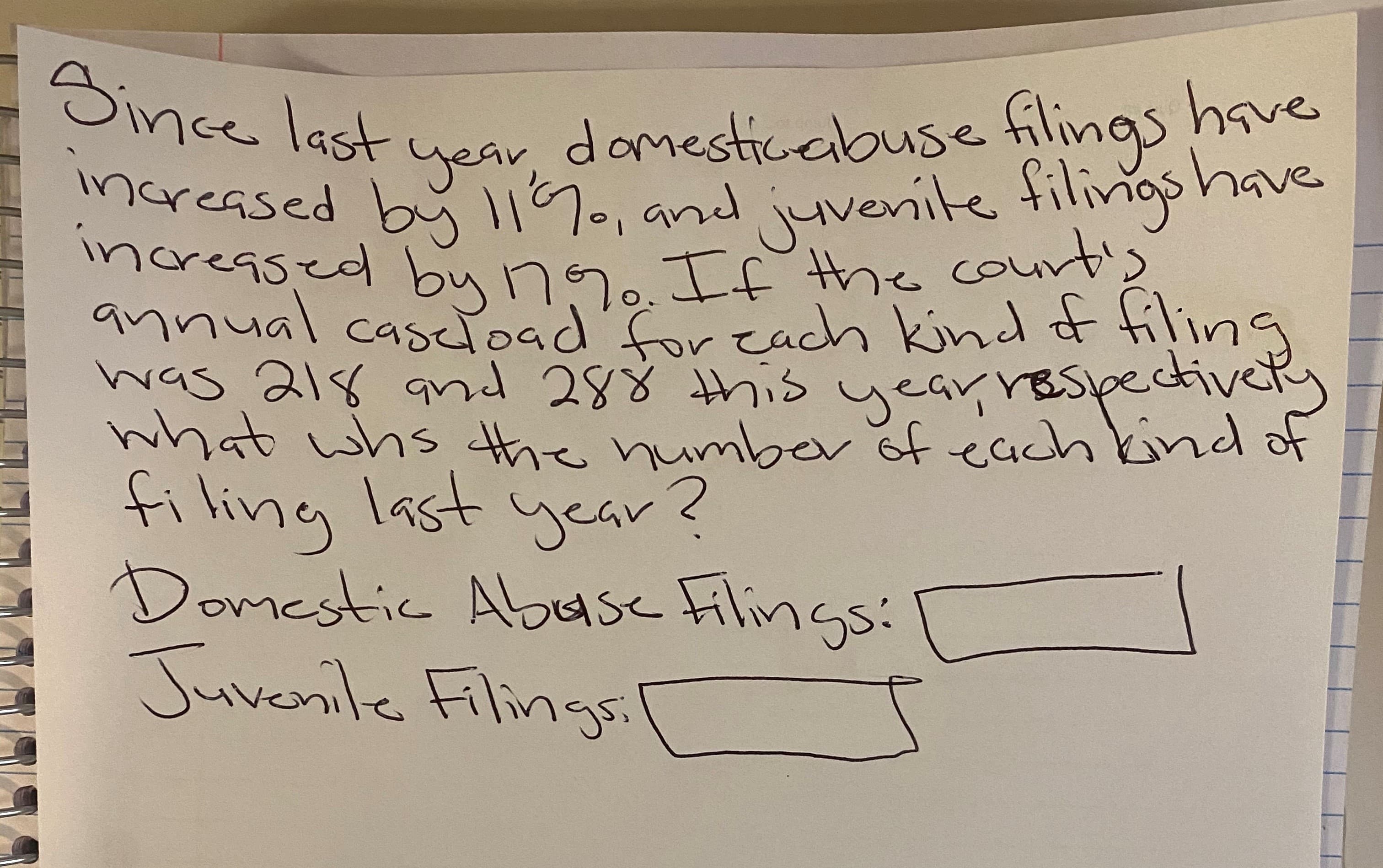 Since last year, domesticebuse filings have
mareased bu 7, and juvenite filinigs have
increased by n90 If the court's
annual caseload oreach kind of filing
was 218 and 288 this year, respectivet
what whs the number of of
filing last year?
eachkind
