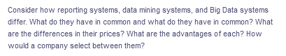 Consider how reporting systems, data mining systems, and Big Data systems
differ. What do they have in common and what do they have in common? What
are the differences in their prices? What are the advantages of each? How
would a company select between them?
