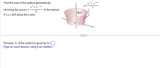 Find the area of the surface generated by
revolving the curve x=2
in the interval
In 6
Osys In 6 about the y-axis.
The area, S, of the surface is given by S=O
(Type an exact answer, using x as needed)
