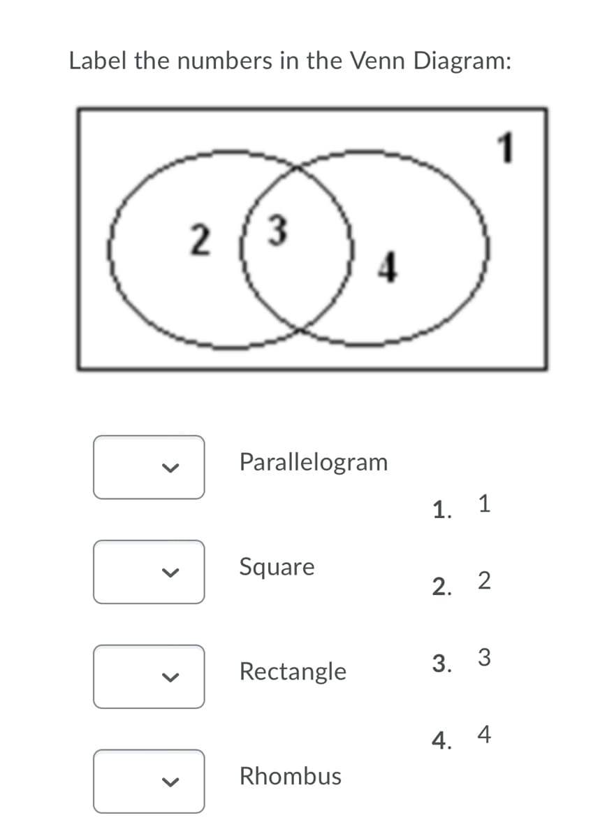 Label the numbers in the Venn Diagram:
1
2
3
Parallelogram
1. 1
Square
2. 2
Rectangle
3. 3
4. 4
Rhombus
>
>
>
