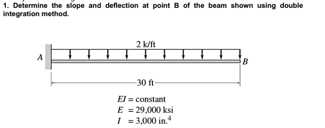 1. Determine the slope and deflection at point B of the beam shown using double
integration method.
2 k/ft
A
-30 ft-
El = constant
E = 29,000 ksi
I = 3,000 in.4
