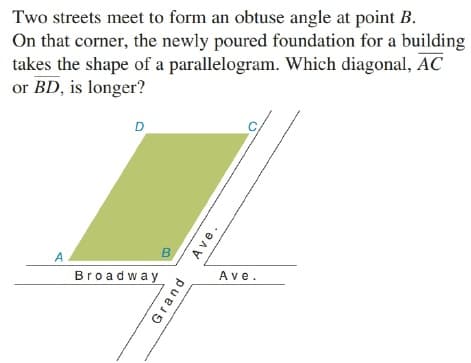 Two streets meet to form an obtuse angle at point B.
On that corner, the newly poured foundation for a building
takes the shape of a parallelogram. Which diagonal, AC
or BD, is longer?
D
A
Broadway
Ave.
Grand
Ave.
