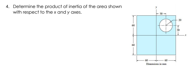 4. Determine the product of inertia of the area shown
with respect to the x and y axes.
20
60
30
60
60
60
Dimensions in mm
