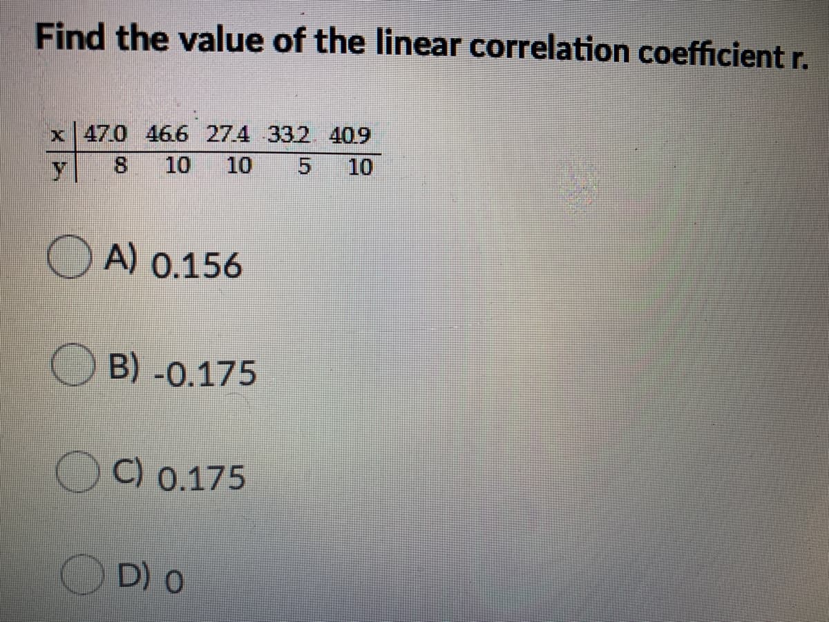 Find the value of the linear correlation coefficient r.
x 47.0 466 27.4 332 409
10
10
10
A) 0.156
B) -0.175
C) 0.175
D) 0
