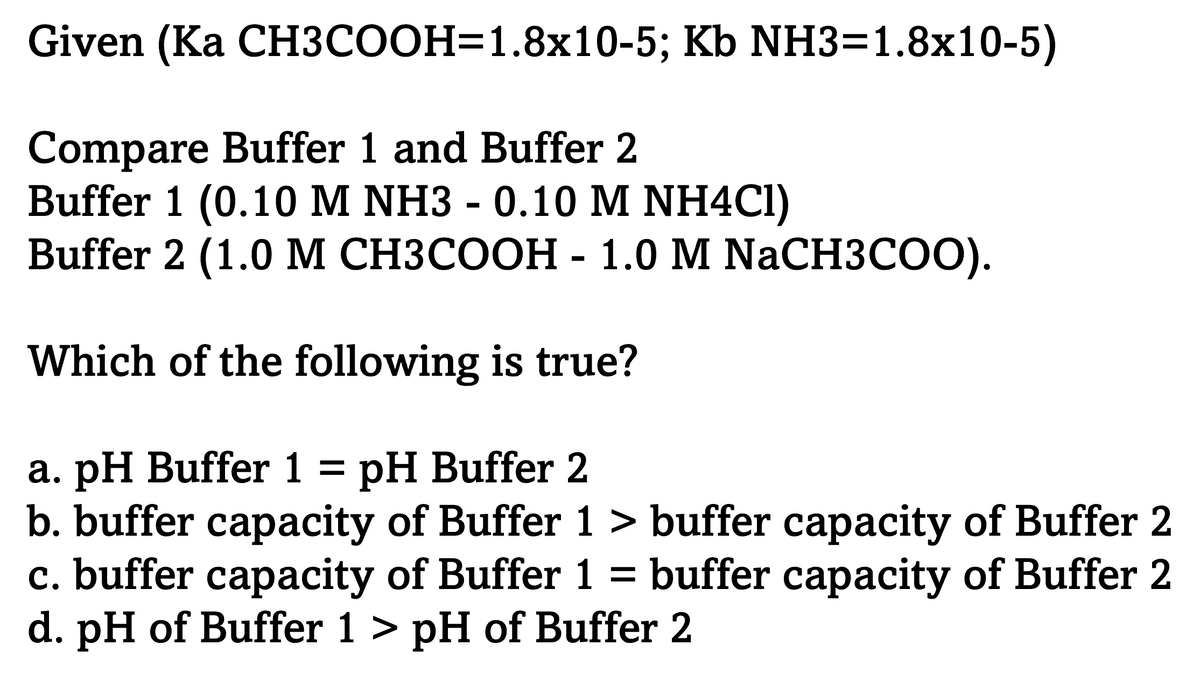 Given (Ka CH3COOH=1.8x10-5; Kb NH3=1.8x10-5)
Compare Buffer 1 and Buffer 2
Buffer 1 (0.10 M NH3 - 0.10 M NH4C1)
Buffer 2 (1.0 M CH3COOH - 1.0 M NaCH3COO).
Which of the following is true?
a. pH Buffer 1 = pH Buffer 2
b. buffer capacity of Buffer 1 > buffer capacity of Buffer 2
c. buffer capacity of Buffer 1 = buffer capacity of Buffer 2
d. pH of Buffer 1 > pH of Buffer 2
