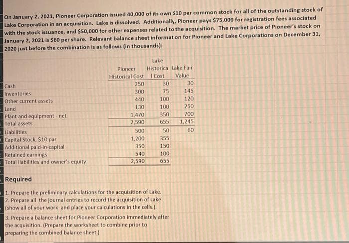 On January 2, 2021, Pioneer Corporation issued 40,000 of its own $10 par common stock for all of the outstanding stock of
Lake Corporation in an acquisition. Lake is dissolved. Additionally, Pioneer pays $75,000 for registration fees associated
with the stock issuance, and $50,000 for other expenses related to the acquisition. The market price of Pioneer's stock on
January 2, 2021 is $60 per share. Relevant balance sheet information for Pioneer and Lake Corporations on December 31,
2020 just before the combination is as follows (in thousands):
Lake
Pioneer
Historica Lake Fair
Historical Cost
I Cost
Value
250
30
30
Cash
300
75
145
Inventories
Other current assets
440
100
120
130
100
250
Land
Plant and equipment - net
Total assets
1,470
350
700
2,590
655
1,245
500
50
60
Liabilities
Capital Stock, $10 par
Additional paid-in-capital
Retained earnings
Total liabilities and owner's equity
1,200
355
350
150
540
100
2,590
655
-Required
5 1. Prepare the preliminary calculations for the acquisition of Lake.
2. Prepare all the journal entries to record the acquisition of Lake
(show all of your work and place your calculations in the cells.).
3. Prepare a balance sheet for Pioneer Corporation immediately after
the acquisition. (Prepare the worksheet to combine prior to
preparing the combined balance sheet.)
