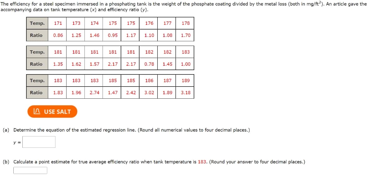 The efficiency for a steel specimen immersed in a phosphating tank is the weight of the phosphate coating divided by the metal loss (both in mg/ft2). An article gave the
accompanying data on tank temperature (x) and efficiency ratio (y).
Temp. 171
y =
Ratio
Ratio
173 174
0.86 1.25 1.46
Temp. 181 181
Temp. 183 183
175 175
USE SALT
0.95
1.35 1.62 1.57 2.17
181 181
183 185
1.17
181
176
185
177 178
1.10 1.08 1.70
182
182 183
2.17 0.78 1.45 1.00
186 187 189
Ratio 1.83 1.96 2.74 1.47 2.42 3.02 1.89 3.18
(a) Determine the equation of the estimated regression line. (Round all numerical values to four decimal places.)
(b) Calculate a point estimate for true average efficiency ratio when tank temperature is 183. (Round your answer to four decimal places.)