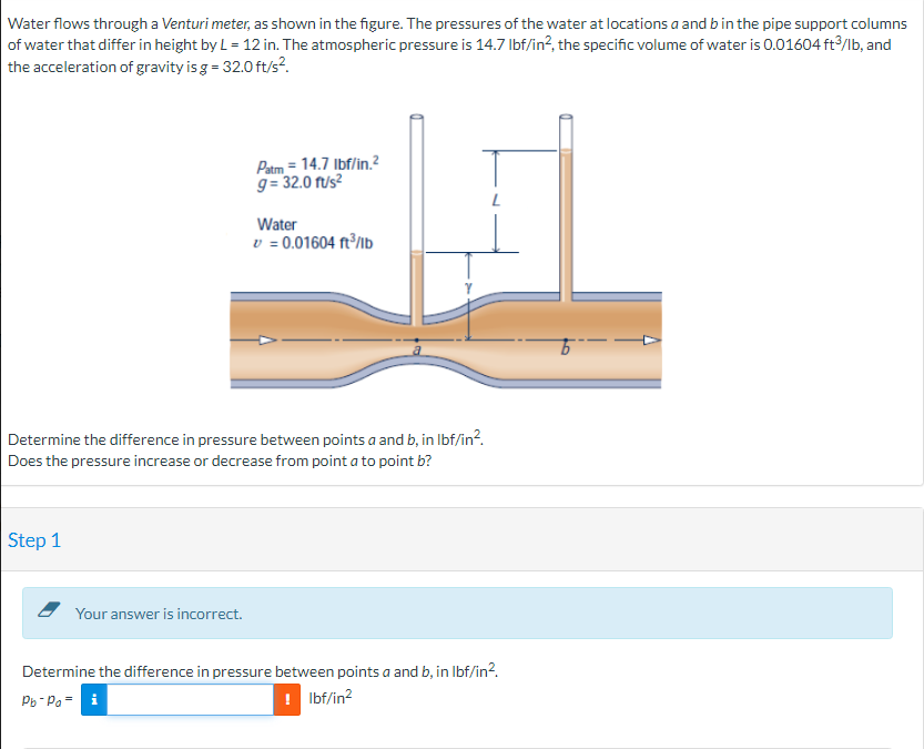 Water flows through a Venturi meter, as shown in the figure. The pressures of the water at locations a and b in the pipe support columns
of water that differ in height by L=12 in. The atmospheric pressure is 14.7 lbf/in², the specific volume of water is 0.01604 ft3/lb, and
the acceleration of gravity is g = 32.0 ft/s².
Step 1
Patm = 14.7 lbf/in.²
g= 32.0 ft/s²
Determine the difference in pressure between points a and b, in lbf/in².
Does the pressure increase or decrease from point a to point b?
Your answer is incorrect.
Water
v = 0.01604 ft³/lb
Determine the difference in pressure between points a and b, in lbf/in².
Pb-Po= i
! lbf/in²