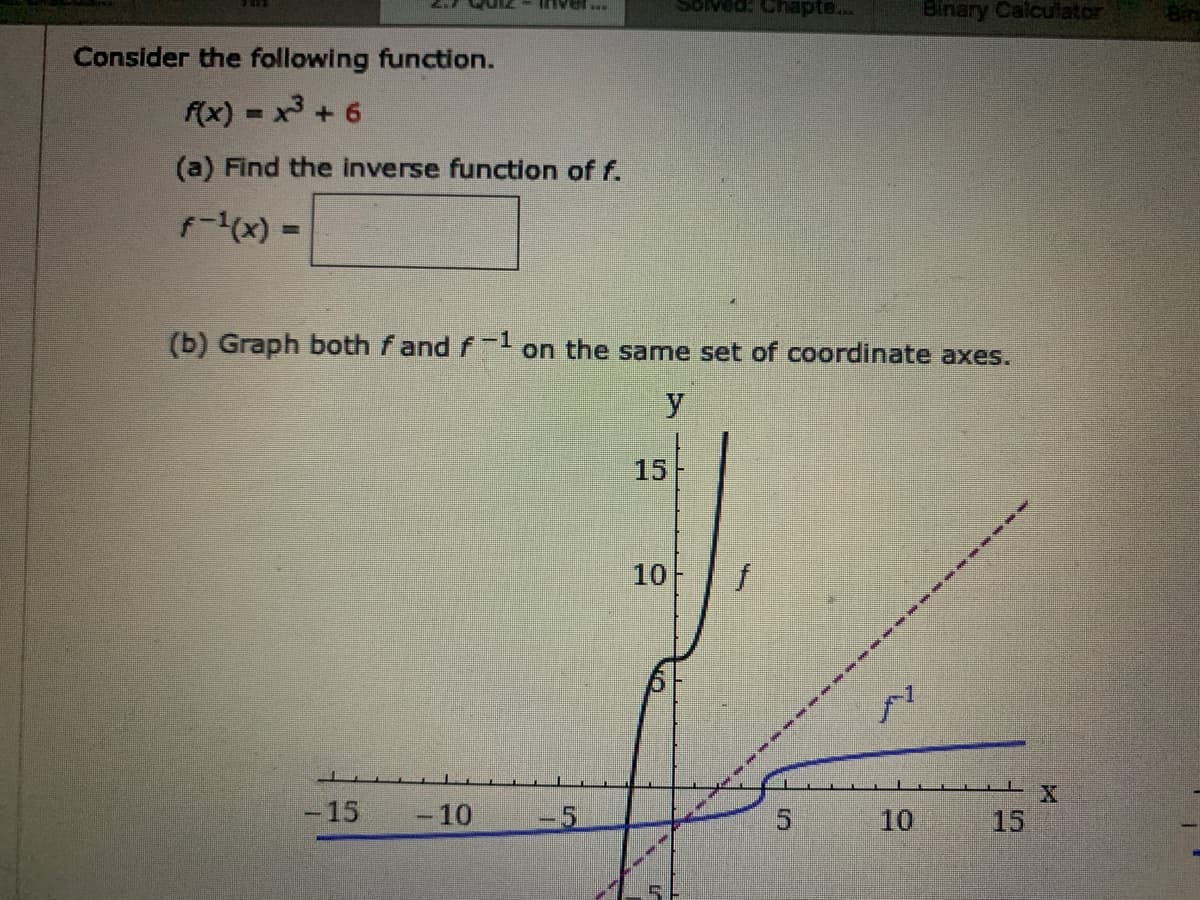 inver
Binary Calculator
Consider the following function.
f(x) = x3 + 6
(a) Find the inverse function of f.
f-(x) =
%3D
(b) Graph both f and f on the same set of coordinate axes.
15
10
15
-10
10
15
-5
