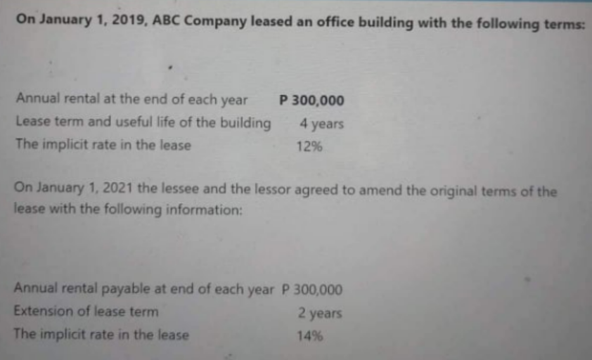 On January 1, 2019, ABC Company leased an office building with the following terms:
Annual rental at the end of each year
P 300,000
Lease term and useful life of the building
4 years
The implicit rate in the lease
12%
On January 1, 2021 the lessee and the lessor agreed to amend the original terms of the
lease with the following information:
Annual rental payable at end of each year P 300,000
Extension of lease term
2 years
The implicit rate in the lease
14%
