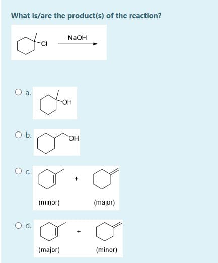 What is/are the product(s) of the reaction?
NaOH
a.
OH
O b.
c.
(minor)
(major)
d.
+
(major)
(minor)
