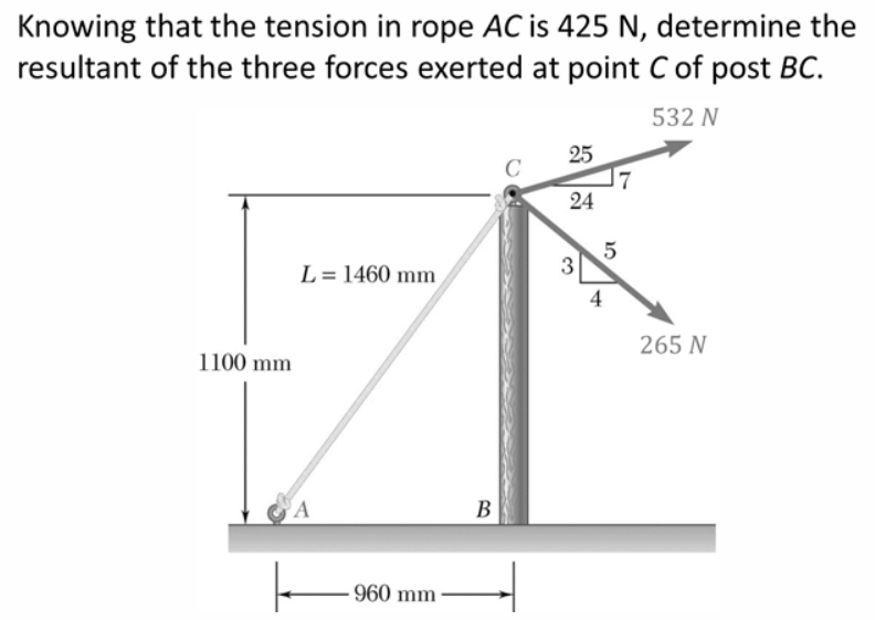 Knowing that the tension in rope AC is 425 N, determine the
resultant of the three forces exerted at point C of post BC.
532 N
1100 mm
L = 1460 mm
960 mm
B
25
24
3
4
7
5
265 N