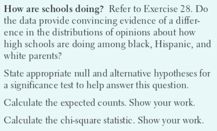 How are schools doing? Refer to Exercise 28. Do
the data provide convincing evidence of a differ-
ence in the distributions of opinions about how
high schools are doing among black, Hispanic, and
white parents?
State appropriate null and alternative hypotheses for
a significance test to help answer this question.
Calculate the expected counts. Show your work.
Calculate the chi-square statistic. Show your work.