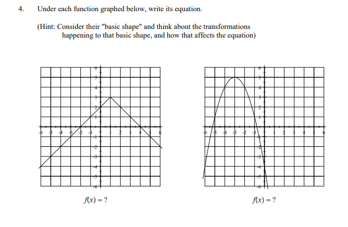 4.
Under each function graphed below, write its equation.
(Hint: Consider their "basic shape" and think about the transformations
happening to that basic shape, and how that affects the equation)
Ax) = ?
Ax) = ?
