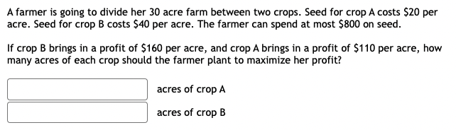 A farmer is going to divide her 30 acre farm between two crops. Seed for crop A costs $20 per
acre. Seed for crop B costs $40 per acre. The farmer can spend at most $800 on seed.
If crop B brings in a profit of $160 per acre, and crop A brings in a profit of $110 per acre, how
many acres of each crop should the farmer plant to maximize her profit?
acres of crop A
acres of crop B
