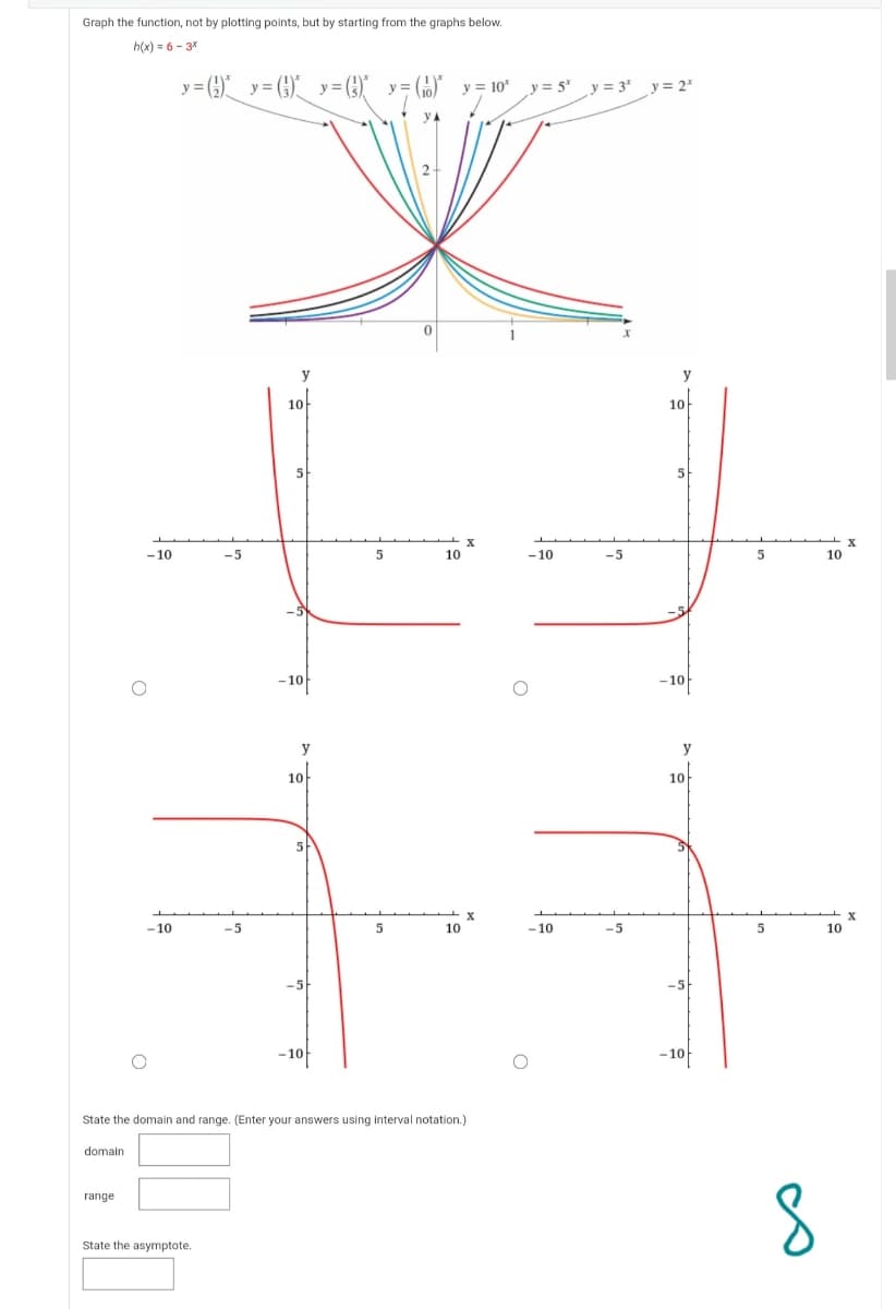 Graph the function, not by plotting points, but by starting from the graphs below.
h(x) = 6 - 3*
y= ()_ y = (;)_ y =G) y= (6)
y = 10
y = 5"
y = 3"
y = 2*
y
y
10
10
5
5
-10
-5
10
-10
-5
5
10
- 10
-10
y
y
10
10
-10
-5
10
-10
-5
5
10
-5
– 10
State the domain and range. (Enter your answers using interval notation.)
domain
range
State the asymptote.
