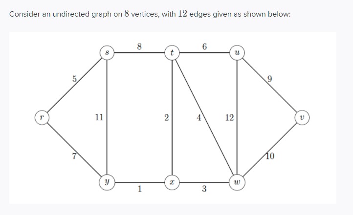 Consider an undirected graph on 8 vertices, with 12 edges given as shown below:
8
6
u
9
11
y
2
4
3
12
W
10
