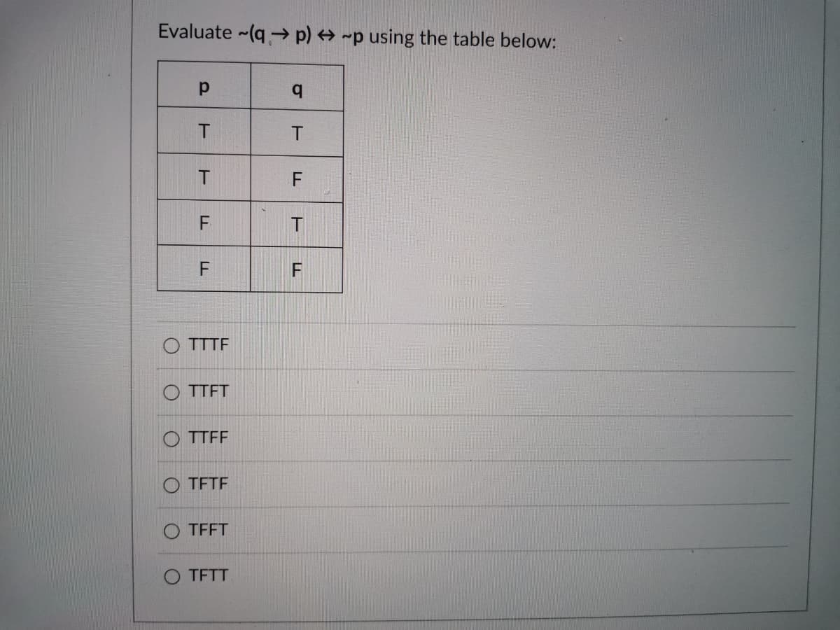 Evaluate ~(q → p) → ~p using the table below:
F
O TTTF
O TTFT
O TTFF
TFTF
O TFFT
O TFTT
