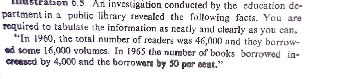 lustration 6.5. An investigation conducted by the education de-
partment in a public library revealed the following facts. You are
required to tabulate the information as neatly and clearly as you can.
"In 1960, the total number of readers was 46,000 and they borrow-
ed some 16,000 volumes. In 1965 the number of books borrowed in-
creased by 4,000 and the borrowers by 50 per eent."

