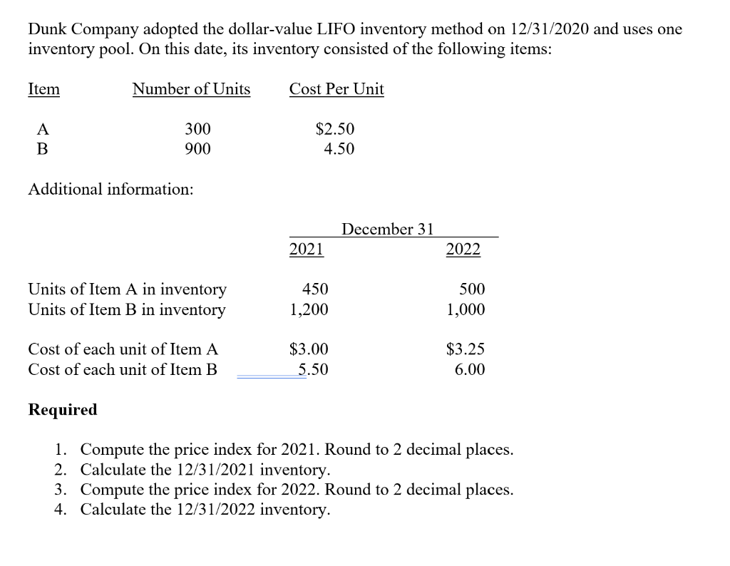 Dunk Company adopted the dollar-value LIFO inventory method on 12/31/2020 and uses one
inventory pool. On this date, its inventory consisted of the following items:
Item
Number of Units
Cost Per Unit
A
300
$2.50
В
900
4.50
Additional information:
December 31
2021
2022
Units of Item A in inventory
Units of Item B in inventory
450
500
1,200
1,000
Cost of each unit of Item A
$3.00
$3.25
Cost of each unit of Item B
5.50
6.00
Required
1. Compute the price index for 2021. Round to 2 decimal places.
2. Calculate the 12/31/2021 inventory.
3. Compute the price index for 2022. Round to 2 decimal places.
4. Calculate the 12/31/2022 inventory.
