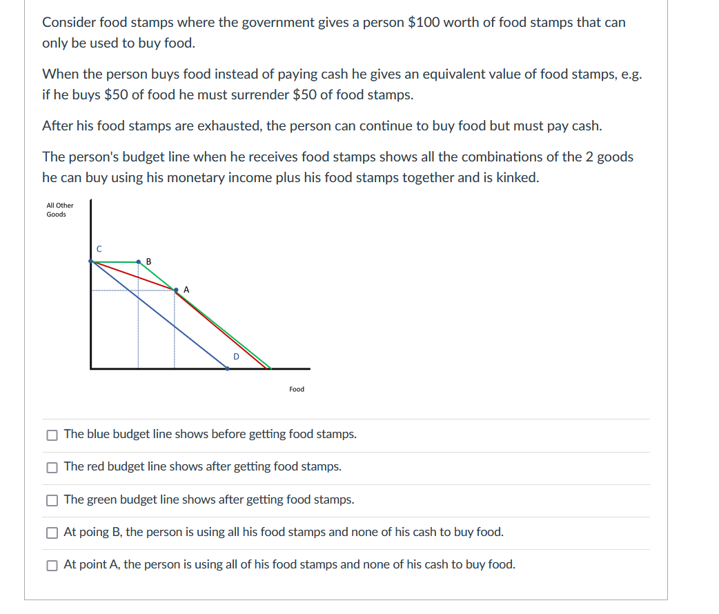 Consider food stamps where the government gives a person $100 worth of food stamps that can
only be used to buy food.
When the person buys food instead of paying cash he gives an equivalent value of food stamps, e.g.
if he buys $50 of food he must surrender $50 of food stamps.
After his food stamps are exhausted, the person can continue to buy food but must pay cash.
The person's budget line when he receives food stamps shows all the combinations of the 2 goods
he can buy using his monetary income plus his food stamps together and is kinked.
All Other
Goods
A
Food
O The blue budget line shows before getting food stamps.
O The red budget line shows after getting food stamps.
O The green budget line shows after getting food stamps.
O At poing B, the person is using all his food stamps and none of his cash to buy food.
O At point A, the person is using all of his food stamps and none of his cash to buy food.
