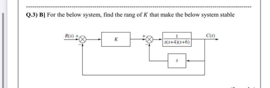 Q.3) B] For the below system, find the rang of K that make the below system stable
R(S)
C(s)
K
S(s+4)(s+6)
