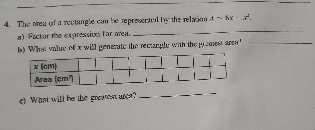 4. The area of a rectangle can be represented by the relation A = 8x – x².
a) Factor the expression for area.
b) What value of x will generate the rectangle with the greatest area?
x (cm)
Area (cm2)
c) What will be the greatest area?
