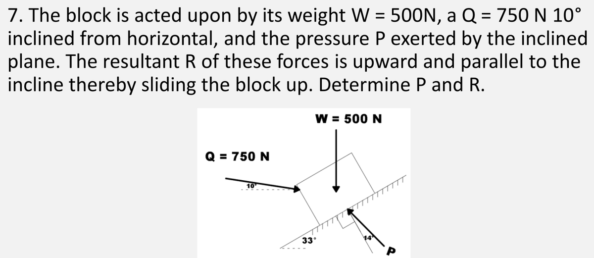 7. The block is acted upon by its weight W = 500N, a Q = 750 N 10°
inclined from horizontal, and the pressure P exerted by the inclined
plane. The resultant R of these forces is upward and parallel to the
incline thereby sliding the block up. Determine P and R.
W = 500 N
Q = 750 N
10
33°
