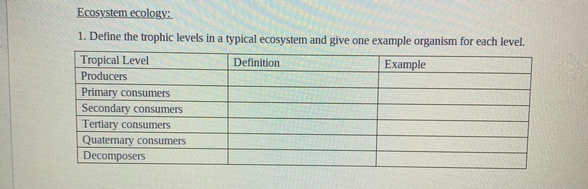 Ecosystem ecology:
1. Define the trophic levels in a typical ecosystem and give one example organism for each level.
Tropical Level
Producers
Definition
Example
Primary consumers
Secondary consumers
Tertiary consumers
Quaternary consumers
Decomposers
