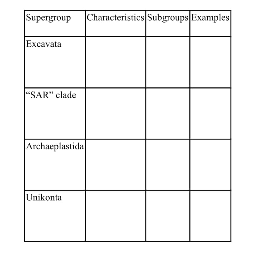 Supergroup
Characteristics Subgroups Examples
Excavata
"SAR" clade
|Archaeplastida
Unikonta
