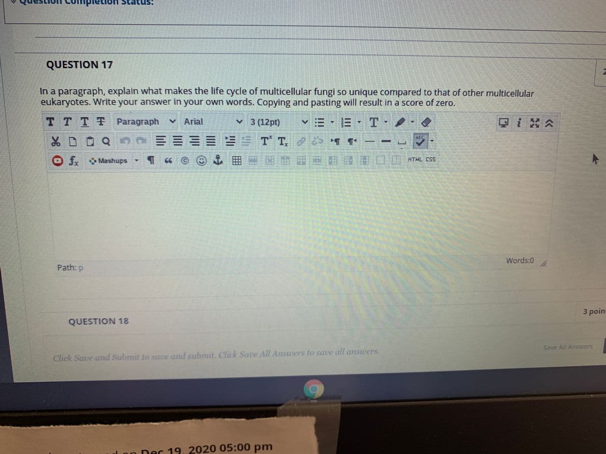 QUESTION 17
In a paragraph, explain what makes the life cycle of multicellular fungi so unique compared to that of other multicellular
eukaryotes. Write your answer in your own words. Copying and pasting will result in a score of zero,
TTTT
Paragraph
V Arial
v 3 (12pt)
三,E,
T -
Qi公
品口
ET T T
f. Mashups
Words:0
Path: p
3 рoin
QUESTION 18
Save All Answers
Click Save and Submit to save and submit. Click Sale All Answers to save all answers.
1on Der 19, 2020 05:00 pm
