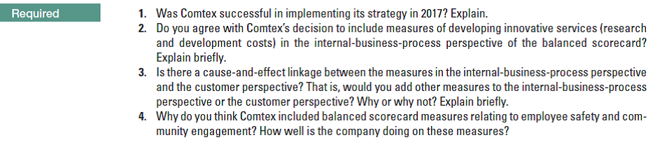 1. Was Comtex successful in implementing its strategy in 2017? Explain.
2. Do you agree with Comtex's decision to include measures of developing innovative services (research
and development costs) in the internal-business-process perspective of the balanced scorecard?
Explain briefly.
3. Is there a cause-and-effect linkage between the measures in the internal-business-process perspective
and the customer perspective? That is, would you add other measures to the internal-business-process
perspective or the customer perspective? Why or why not? Explain briefly.
4. Why do you think Comtex included balanced scorecard measures relating to employee safety and com-
munity engagement? How well is the company doing on these measures?
Required
