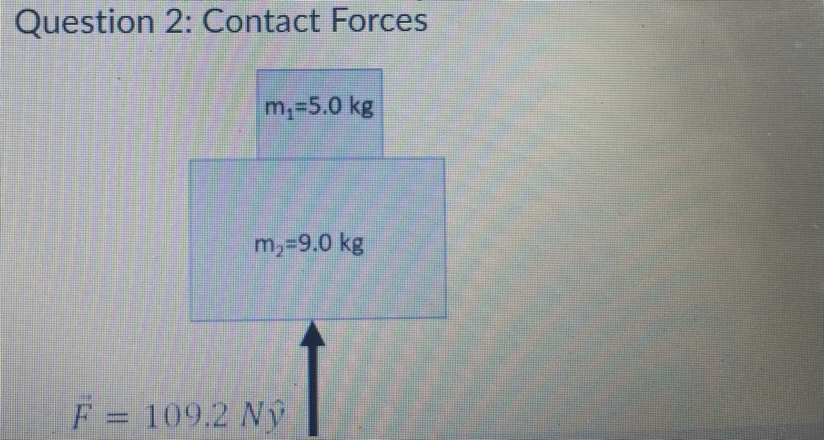 Question 2: Contact Forces
m,=5.0 kg
m,-9.0 kg
F = 109.2 Ný
