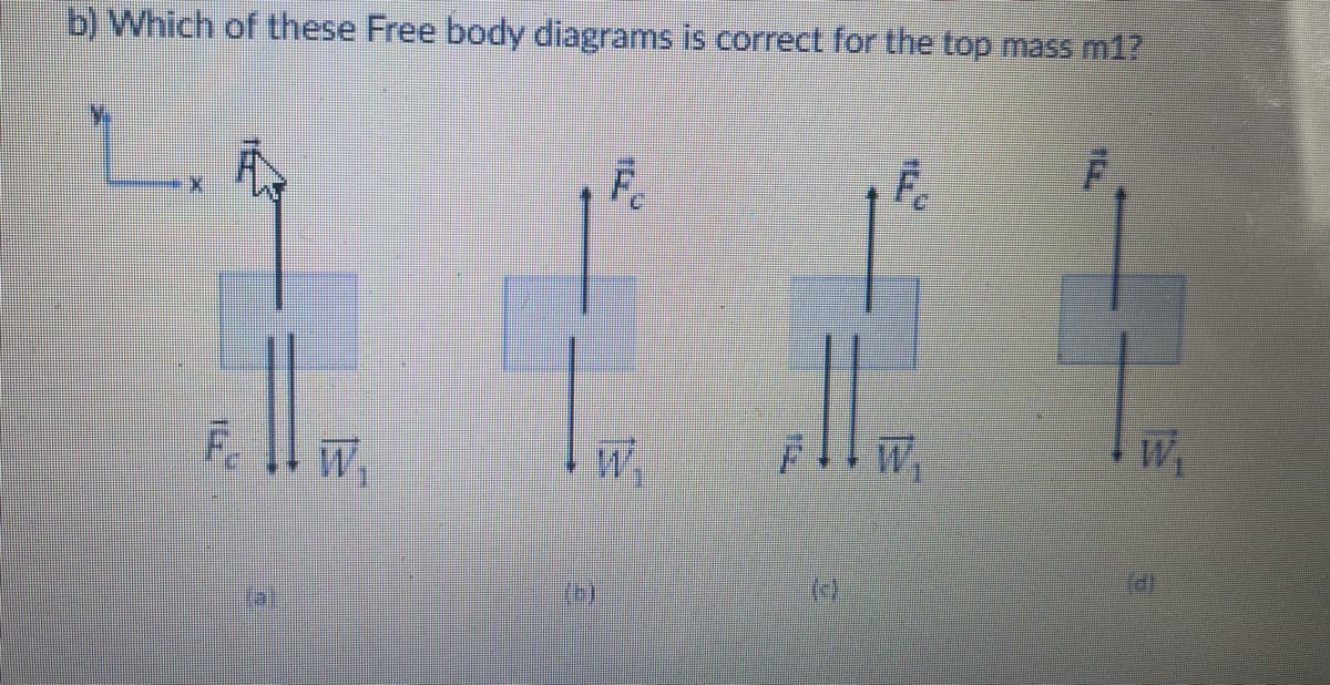 b) Which of these Free body diagrams is correct for the top mass m1?
W.
W
W
(4)
