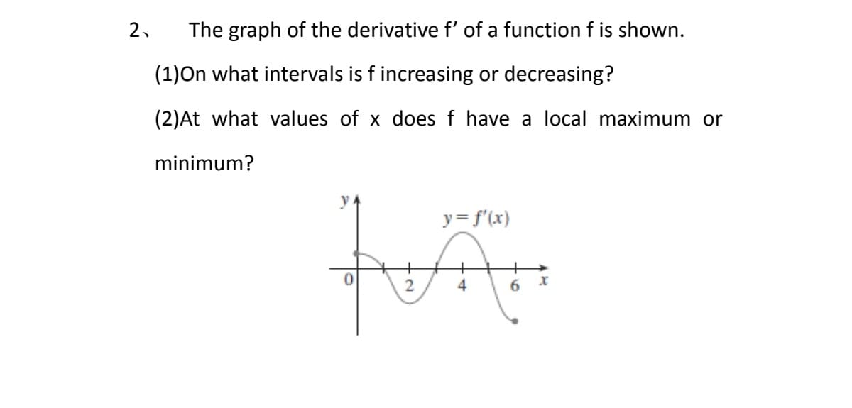 2.
The graph of the derivative f' of a function f is shown.
(1)On what intervals is f increasing or decreasing?
(2)At what values of x does f have a local maximum or
minimum?
y.
y= f'(x)
2
4
6.
