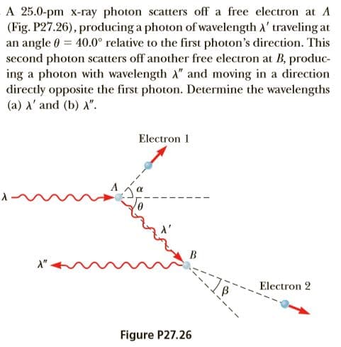 A 25.0-pm x-ray photon scatters off a free electron at A
(Fig. P27.26), producing a photon of wavelength A' traveling at
an angle 0 = 40.0° relative to the first photon's direction. This
second photon scatters off another free electron at B, produc-
ing a photon with wavelength A" and moving in a direction
directly opposite the first photon. Determine the wavelengths
(a) A' and (b) A".
Electron 1
A"
Electron 2
Figure P27.26
